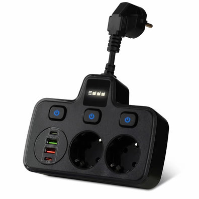 Adaptor priza cu doua mufe type C PD20W + QC3.0 si cu 2 USB 3.4A, lampa cu touch si lumina interschimbabila, negru